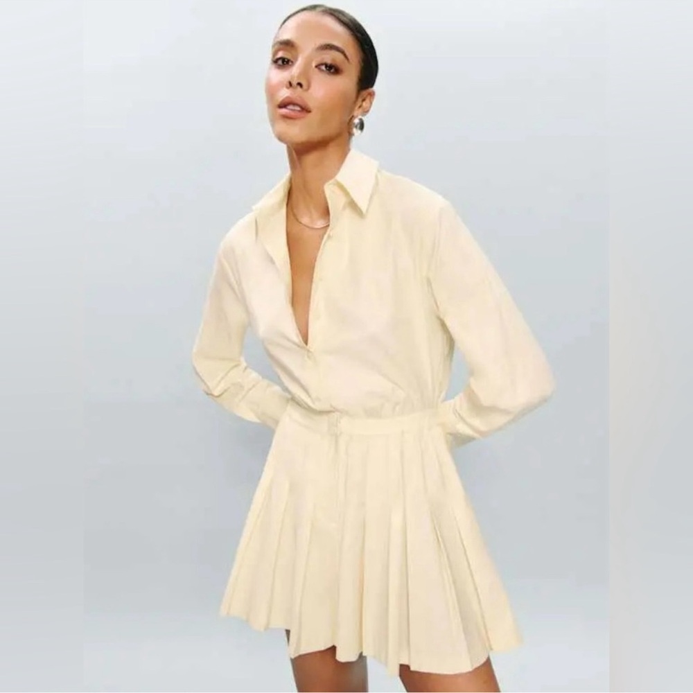 Reformation Cream Pleated Shirt Mini Dress